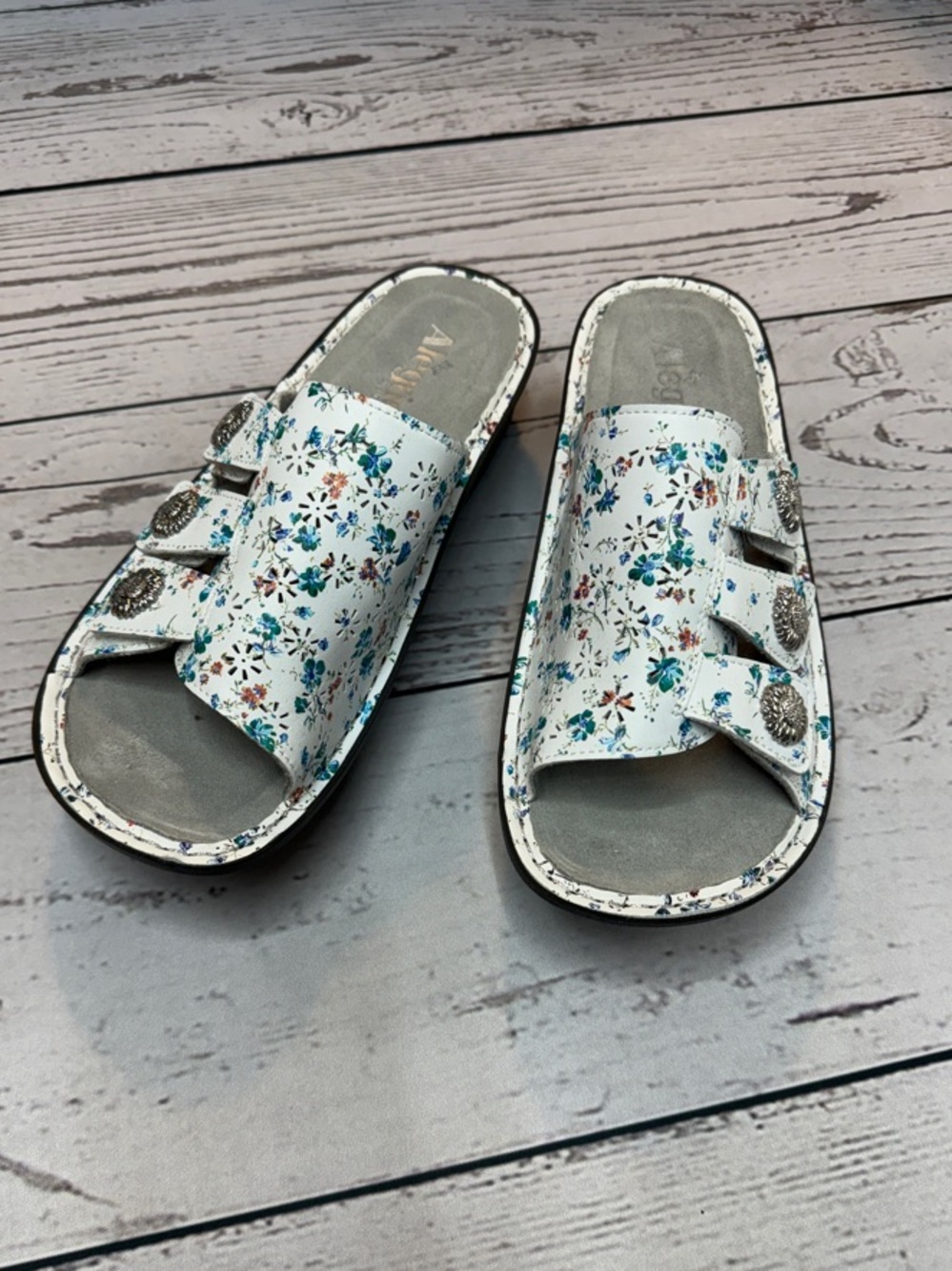 Alegria White Floral Slide Sandals with Teal and Blue Accents Size 40